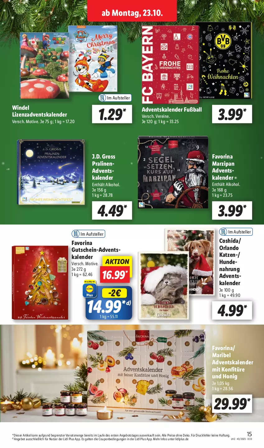 Aktueller Prospekt Lidl - Aktionsprospekt - von 23.10 bis 28.10.2023 - strona 23 - produkty: Adventskalender, alkohol, angebot, ball, Coshida, coupon, eis, elle, Fußball, gutschein, honig, hundenahrung, konfitüre, marzipan, pralinen, reis, teller, Ti, ZTE