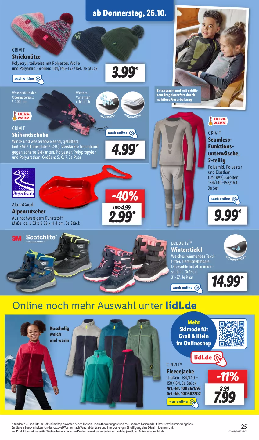 Aktueller Prospekt Lidl - Aktionsprospekt - von 23.10 bis 28.10.2023 - strona 33 - produkty: crivit, decksohle, eis, Fleecejacke, handschuhe, Jacke, Mode, Mütze, Ria, schuhe, Skihandschuhe, Ti, Unterwäsche, wasser, weck, Winterstiefel, wolle