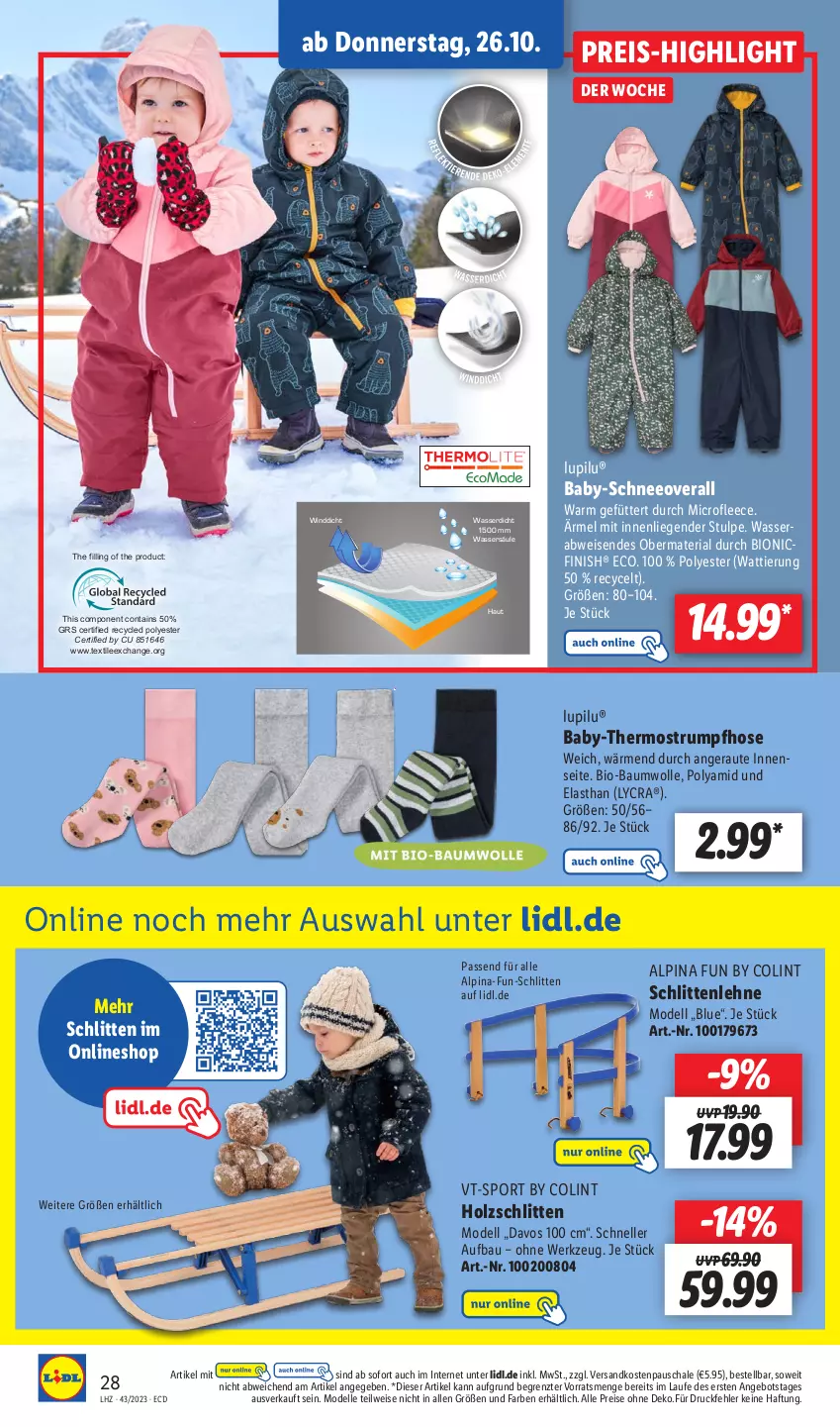 Aktueller Prospekt Lidl - Aktionsprospekt - von 23.10 bis 28.10.2023 - strona 38 - produkty: aldi, alpina, angebot, Bau, baumwolle, bio, bio-baumwolle, dell, eis, elle, Finish, Holz, hose, kleid, Kleidung, Liege, lupilu, mit bio-baumwolle, Mode, ndk, Overall, passend für alle, reis, Ria, ring, rum, Schal, Schale, Schlitten, Schneeoverall, Sport, Strumpfhose, Thermostrumpfhose, Ti, wasser, werkzeug, wolle, ZTE