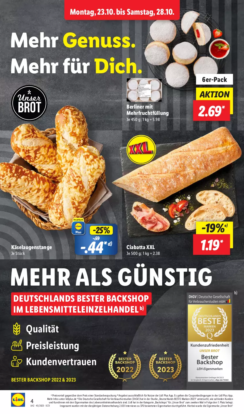 Aktueller Prospekt Lidl - Aktionsprospekt - von 23.10 bis 28.10.2023 - strona 4 - produkty: angebot, berliner, brot, ciabatta, coupon, eis, frucht, Käse, Laugenstange, lebensmittel, LG, nuss, preisvorteil, Rauch, reis, Ti