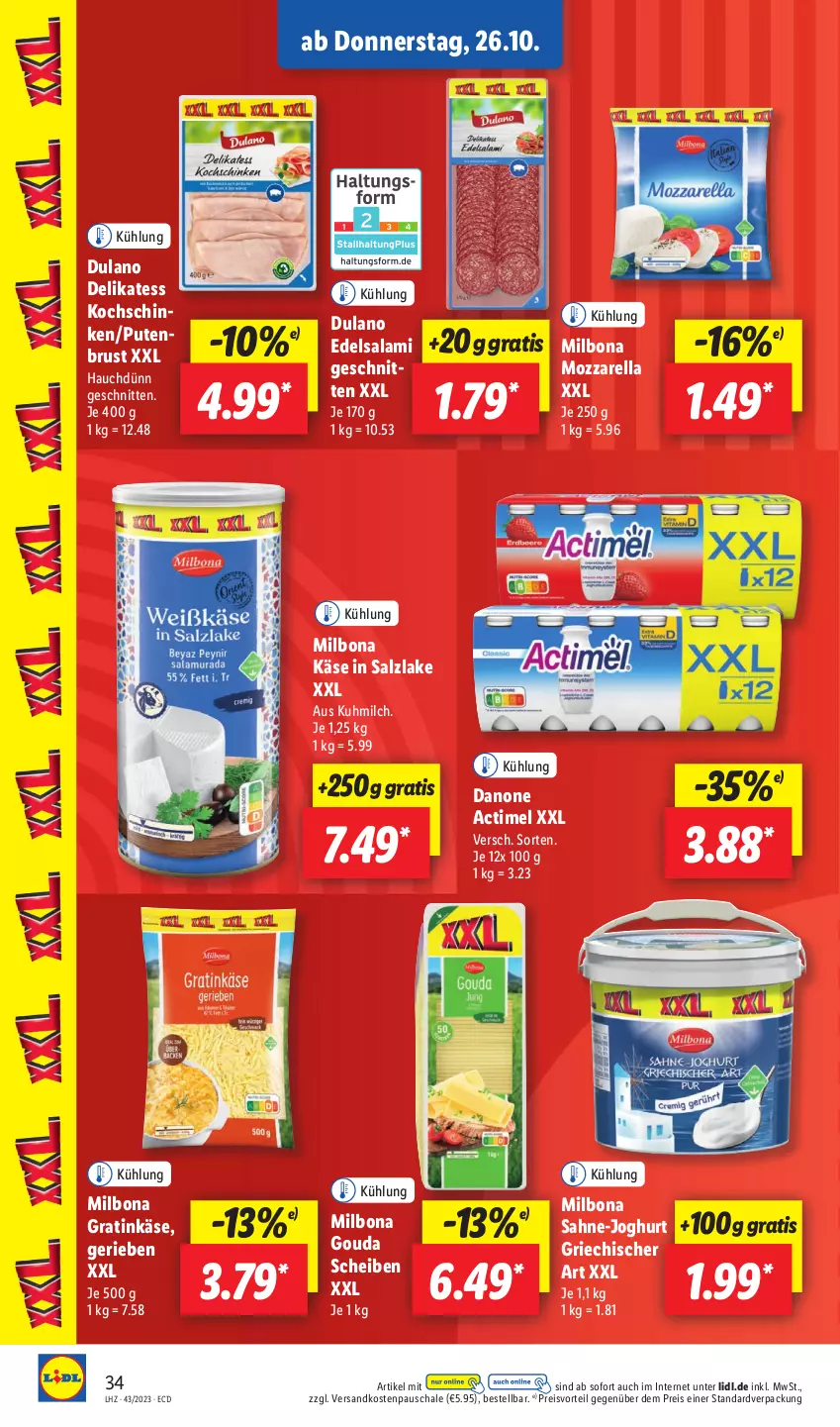 Aktueller Prospekt Lidl - Aktionsprospekt - von 23.10 bis 28.10.2023 - strona 44 - produkty: actimel, Bona, danone, dulano, Edelsalami, eis, gouda, joghur, joghurt, Käse, kochschinken, Milbona, milch, mozzarella, ndk, preisvorteil, pute, putenbrust, reis, rel, sahne, salami, salz, Schal, Schale, schinken, schnitten, Ti