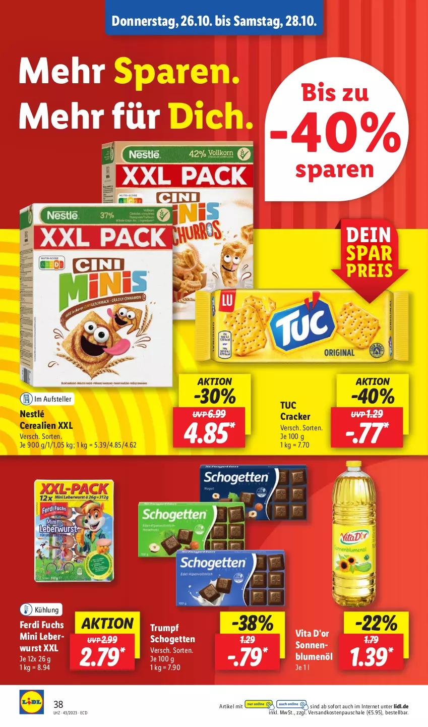 Aktueller Prospekt Lidl - Aktionsprospekt - von 23.10 bis 28.10.2023 - strona 50 - produkty: blume, blumen, blumenöl, cerealien, cracker, eis, elle, ferdi fuchs, leberwurst, ndk, nestlé, reis, rum, Schal, Schale, schogetten, sonnenblume, sonnenblumen, sonnenblumenöl, teller, Ti, tuc, vita, wurst