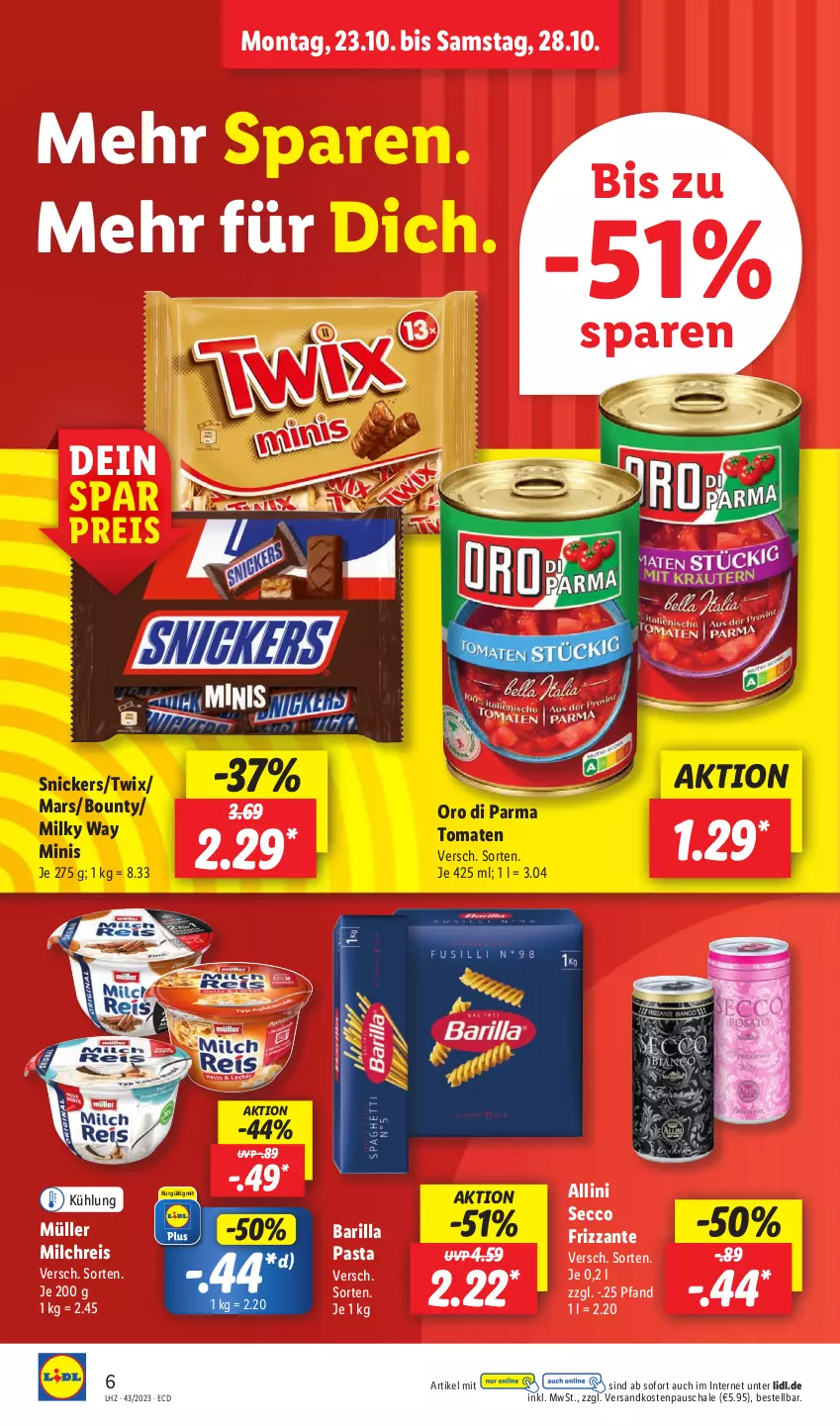 Aktueller Prospekt Lidl - Aktionsprospekt - von 23.10 bis 28.10.2023 - strona 8 - produkty: barilla, bounty, ecco, eis, frizzante, mars, milch, milchreis, milky way, Müller, ndk, oro di parma, pasta, reis, Schal, Schale, snickers, Ti, tomate, tomaten, twix