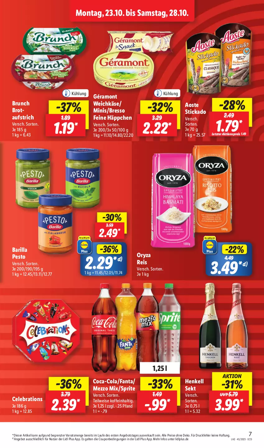 Aktueller Prospekt Lidl - Aktionsprospekt - von 23.10 bis 28.10.2023 - strona 9 - produkty: aktionspreis, angebot, aoste stickado, aufstrich, barilla, bresso, brot, cola, coupon, eis, fanta, géramont, henkel, henkell, henkell sekt, Käse, Mezzo Mix, oryza, pesto, reis, sekt, sprite, stickado, Ti, weichkäse, ZTE