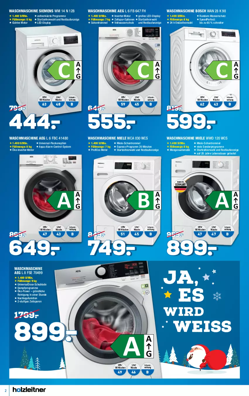 Aktueller Prospekt Holzleitner - von 26.11 bis 23.12.2022 - strona 2 - produkty: aeg, aqua, auer, auto, bosch, eis, elle, gefu, Germ, miele, Reinigung, siemens, spee, Ti, trommel, waschmaschine, wasser, ZTE