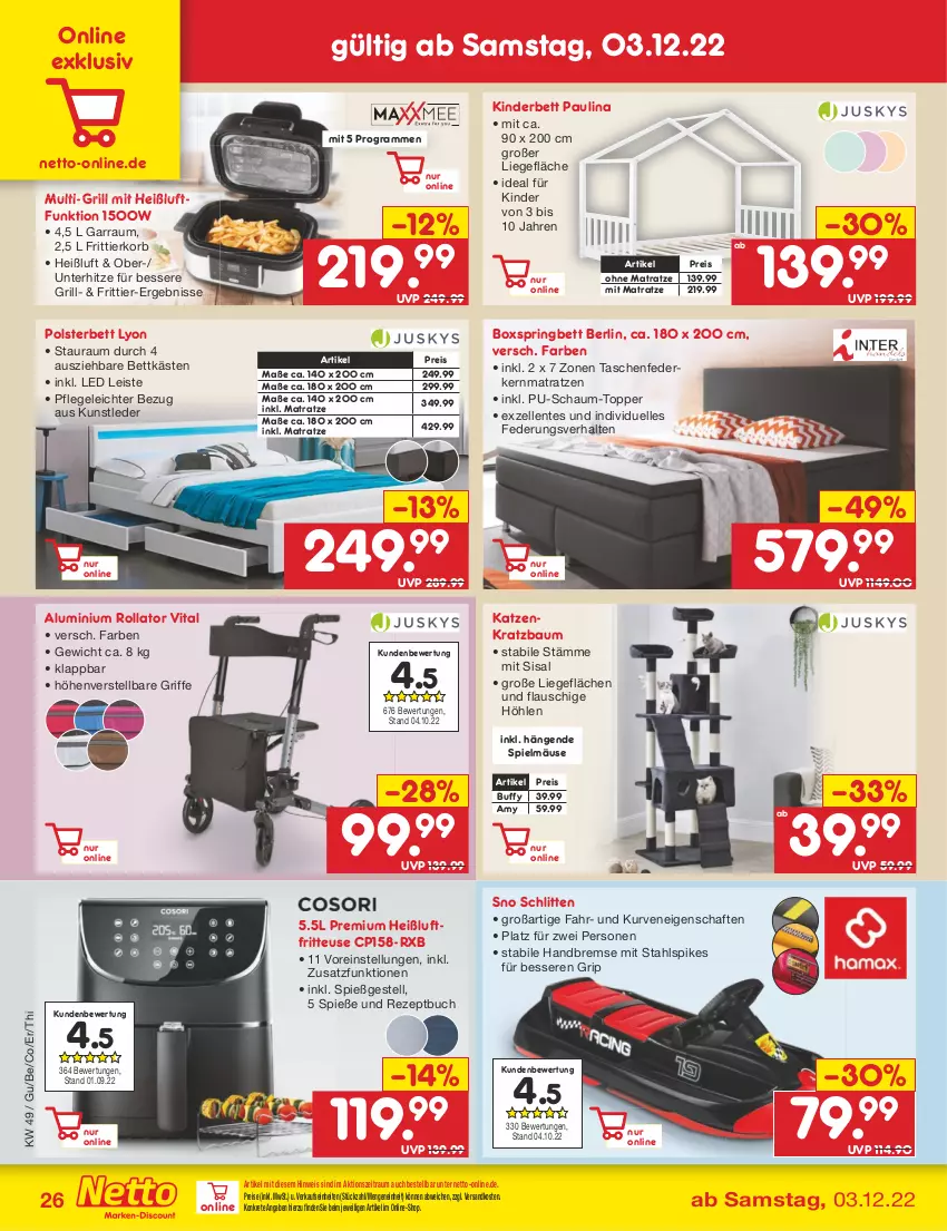 Aktueller Prospekt Netto Marken-Discount - Filial-Angebote - von 05.12 bis 10.12.2022 - strona 28 - produkty: Bau, bett, boxspringbett, buch, eis, elle, ente, federkern, federkernmatratze, fritteuse, Frittierkorb, garraum, grill, Heißluftfritteuse, kernmatratze, Kinder, Kinderbett, korb, Kratzbaum, Liege, matratze, matratzen, ndk, ohne matratze, polsterbett, reis, rezept, ring, Schlitten, Tasche, taschen, taschenfederkernmatratze, Ti, topper, vita, Yo