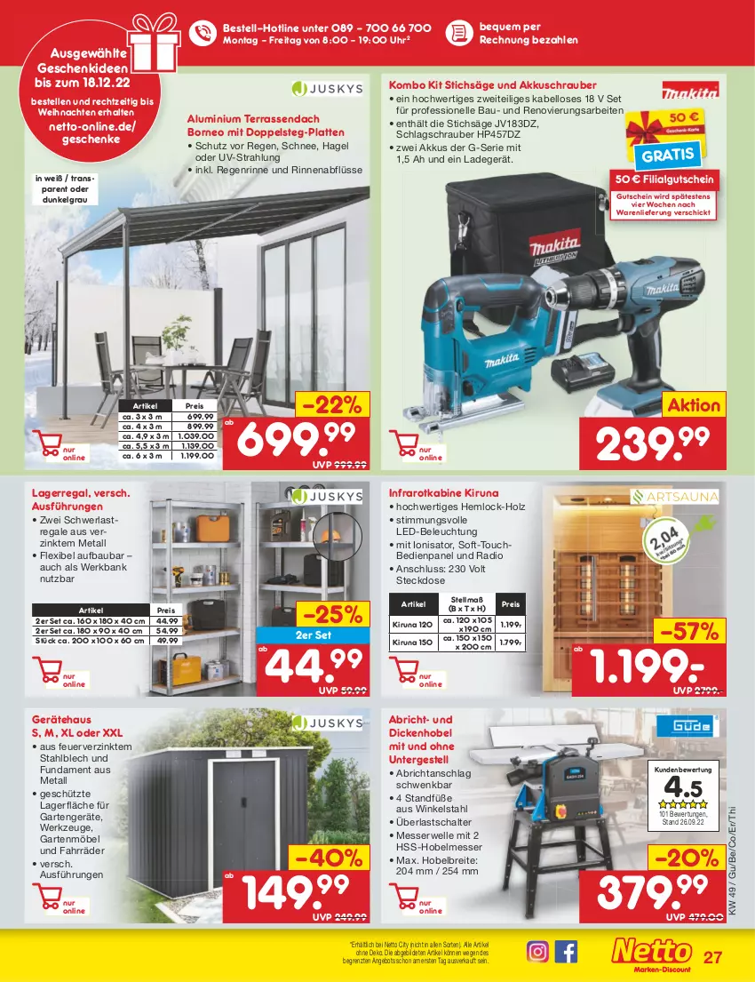 Aktueller Prospekt Netto Marken-Discount - Filial-Angebote - von 05.12 bis 10.12.2022 - strona 29 - produkty: akku, akkuschrauber, angebot, Bank, Bau, beleuchtung, Brei, eis, elle, Garten, gartenmöbel, gutschein, Holz, HP, ladegerät, latte, led-beleuchtung, LG, messer, möbel, Radio, regal, reis, rwe, säge, Schal, schwerlastregal, steckdose, stichsäge, Ti, uhr, weihnachten, werkzeug, werkzeuge, ZTE