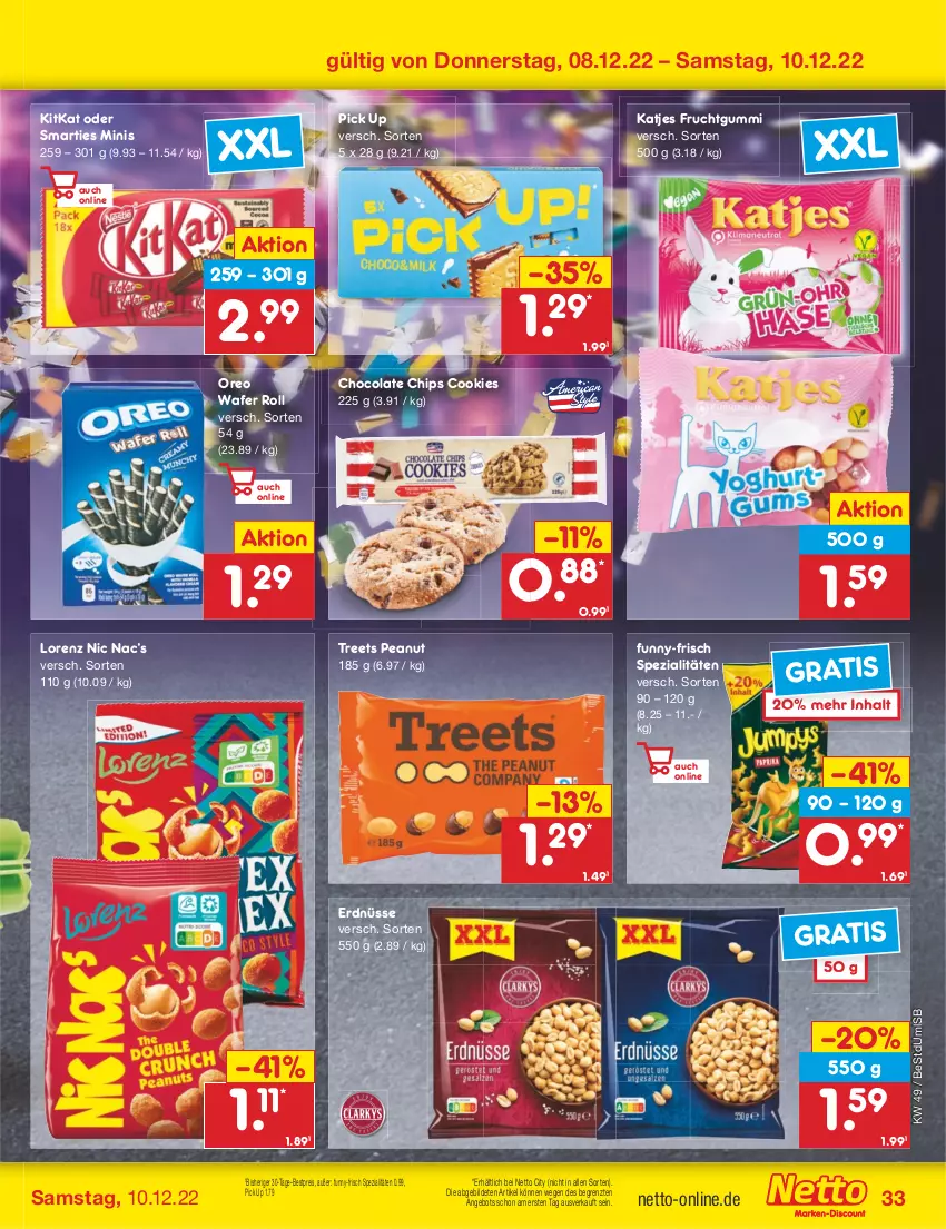 Aktueller Prospekt Netto Marken-Discount - Filial-Angebote - von 05.12 bis 10.12.2022 - strona 35 - produkty: angebot, bestpreis, chips, cola, cookie, cookies, eis, erdnüsse, frucht, fruchtgummi, funny-frisch, katjes, kitkat, lorenz, oreo, reis, smarties, Spezi, Ti, ZTE