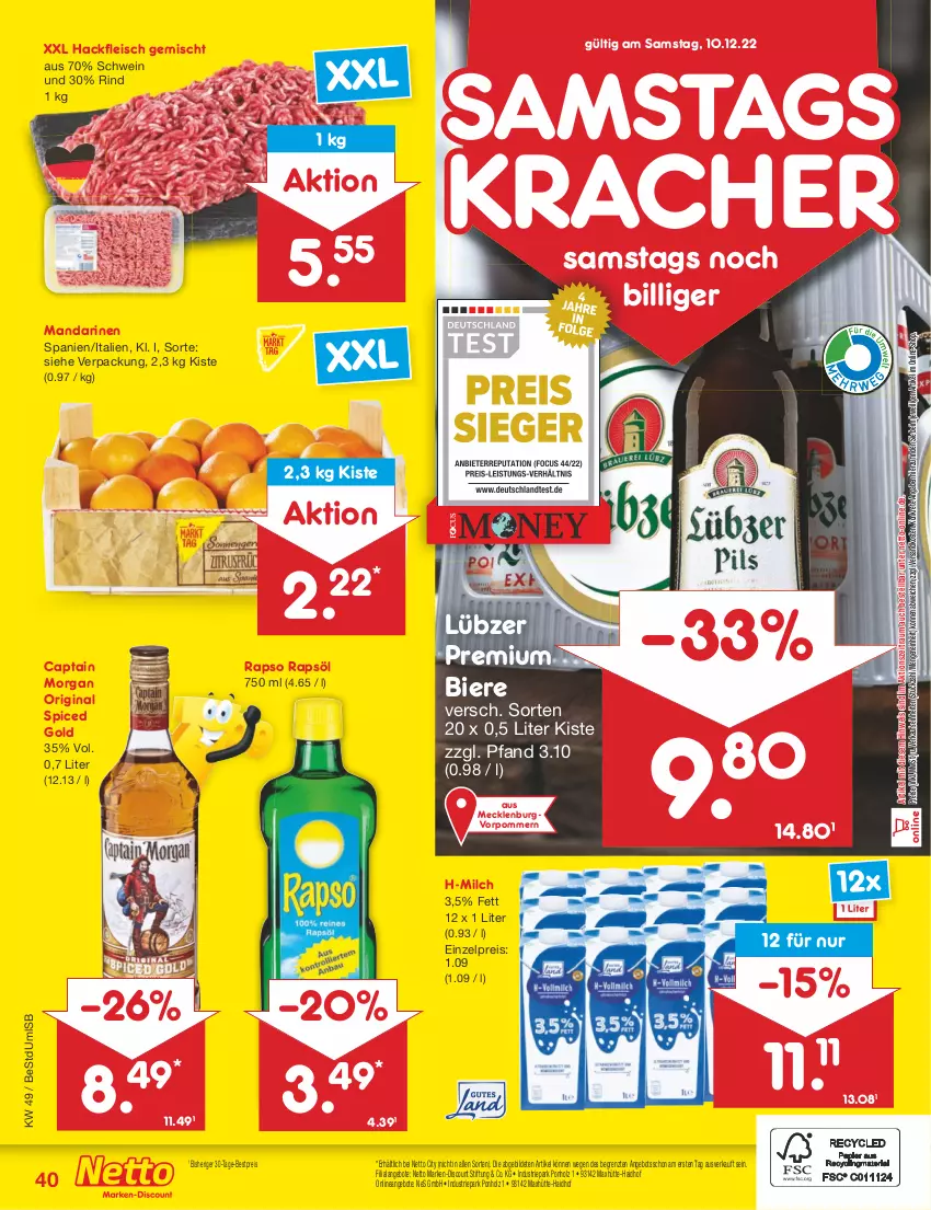 Aktueller Prospekt Netto Marken-Discount - Filial-Angebote - von 05.12 bis 10.12.2022 - strona 42 - produkty: angebot, angebote, bestpreis, bier, Biere, Cap, captain morgan, discount, eis, fleisch, gin, hackfleisch, hackfleisch gemischt, Holz, kracher, Lübzer, mandarine, mandarinen, marken-discount, milch, ndk, original spiced gold, rapso, rapsöl, reis, rind, schwein, Ti, wein, ZTE