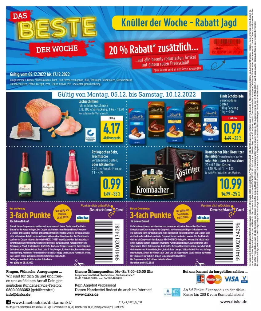 Aktueller Prospekt Diska - Prospekte - von 05.12 bis 10.12.2022 - strona 12 - produkty: aktionspreis, alkohol, angebot, angebote, bier, buch, coupon, deka, ecco, eis, elle, ente, erde, flasche, frucht, fruchtsecco, guthabenkarte, gutschein, Handy, kellerbier, köstritzer, kraft, krombache, krombacher, lachs, lachsschinken, lindt, mac, milch, reis, rotkäppchen, sac, schinken, schoko, schokolade, sekt, Tchibo, tee, telefon, Ti, uhr, ZTE