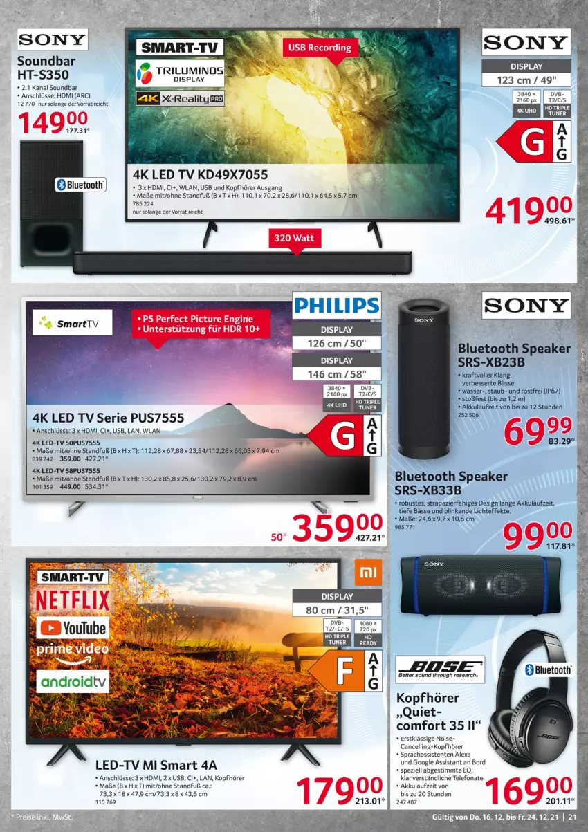 Aktueller Prospekt Selgros - Vorschau:
            Nonfood - von 16.12 bis 24.12.2021 - strona 21 - produkty: akku, alexa, bett, ente, HDMI, kopfhörer, kraft, led tv, Philips, sony, soundbar, Spezi, telefon, Ti, usb, wasser