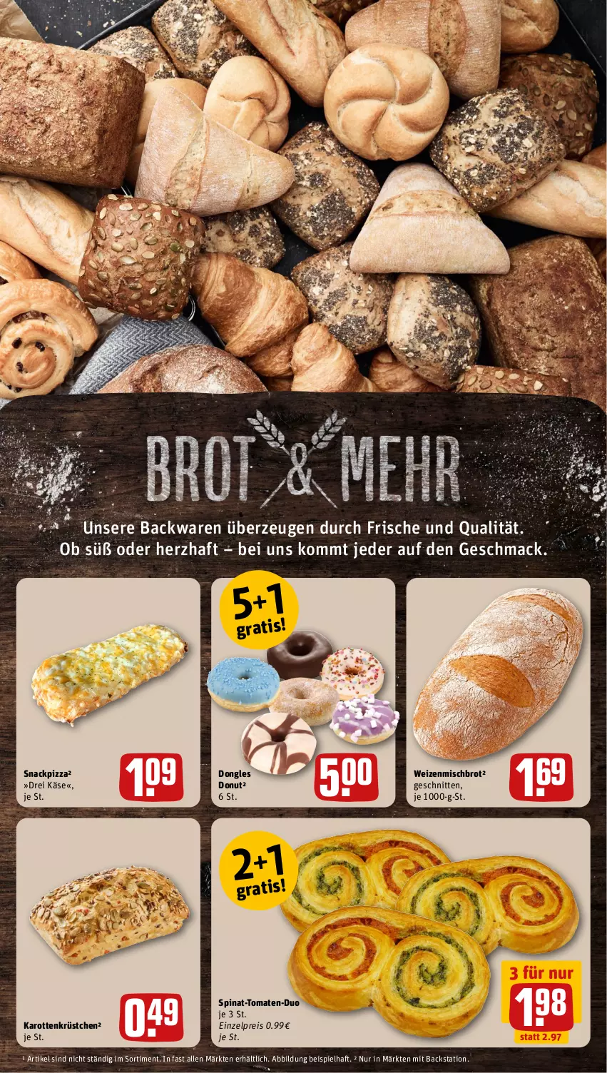 Aktueller Prospekt Rewe - Prospekte - von 10.07 bis 15.07.2023 - strona 10 - produkty: backwaren, brot, Donut, eis, karotten, Käse, mac, pizza, reis, schnitten, snack, spinat, Ti, tomate, tomaten, weizenmischbrot