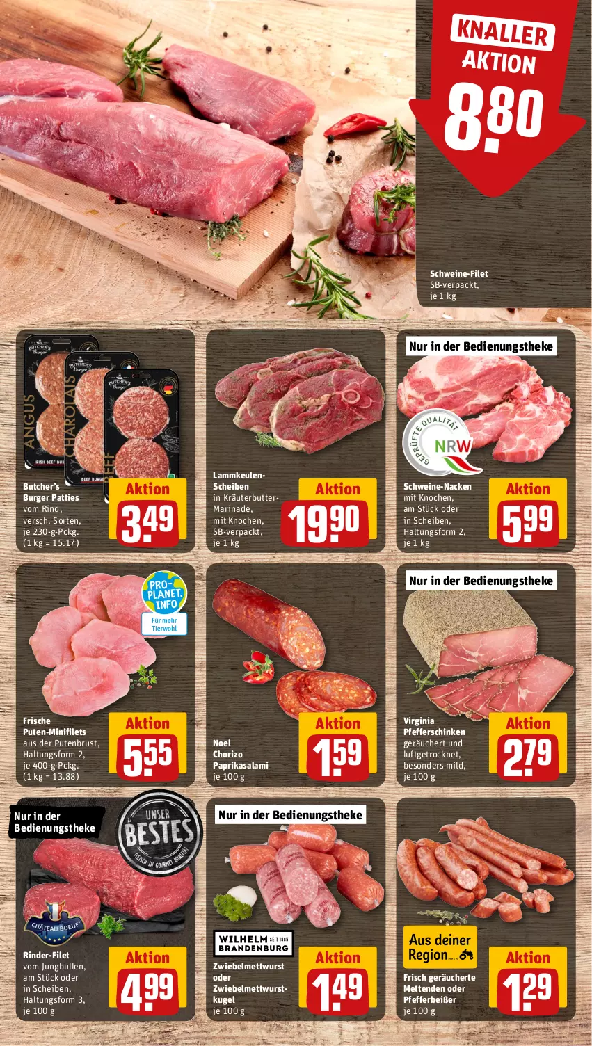 Aktueller Prospekt Rewe - Prospekte - von 10.07 bis 15.07.2023 - strona 12 - produkty: burger, butter, chorizo, filet, filets, gin, jungbullen, kräuter, kräuterbutter, Kugel, lamm, lammkeule, marinade, Mett, metten, Mettenden, mettwurst, paprika, pfeffer, Pfefferbeißer, pute, putenbrust, rind, rinder, salami, schinken, schwein, schweine, schweine-filet, Ti, wein, weine, wurst, zwiebel, zwiebelmettwurst