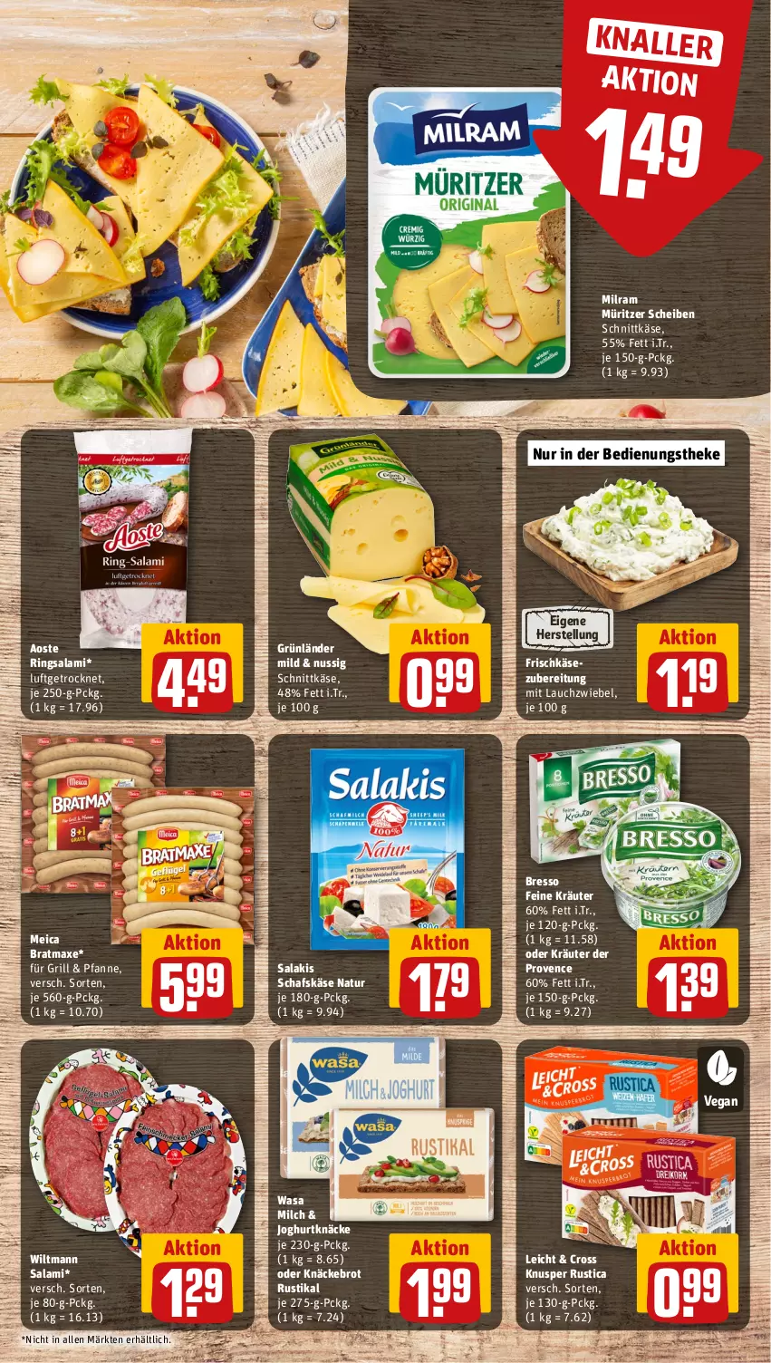 Aktueller Prospekt Rewe - Prospekte - von 10.07 bis 15.07.2023 - strona 13 - produkty: axe, bratmaxe, bresso, brot, frischkäse, frischkäsezubereitung, grill, grünländer, joghur, joghurt, Käse, knäckebrot, kräuter, Lauchzwiebel, meica, milch, milram, natur, nuss, oder kräuter, pfanne, ring, salakis, salami, schafskäse, schnittkäse, Ti, wasa, wiltmann, zwiebel