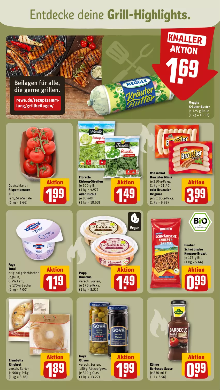 Aktueller Prospekt Rewe - Prospekte - von 10.07 bis 15.07.2023 - strona 16 - produkty: barbecue, Becher, brezel, brot, bruzzzler, butter, cola, decke, eis, florette, gin, Griechischer Joghurt, grill, hummus, huober, ilag, joghur, joghurt, kräuter, kräuter-butter, Kühne, meggle, olive, oliven, Popp, reifen, rezept, ring, rispentomaten, rucola, sauce, Schal, Schale, Ti, tomate, tomaten, wiesenhof