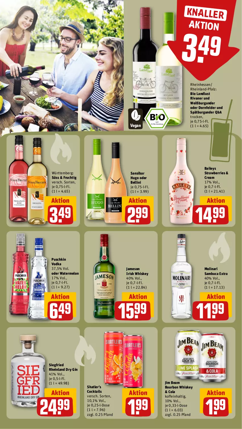 Aktueller Prospekt Rewe - Prospekte - von 10.07 bis 15.07.2023 - strona 18 - produkty: baileys, bio, bourbon, bourbon whiskey, burgunder, cocktail, cocktails, cola, dornfelder, dry gin, frucht, gin, hugo, irish whiskey, jameson, jim beam, Molinari, puschkin vodka, Rivaner, sambuca, spätburgunder, Ti, vodka, Weißburgunder, whiskey