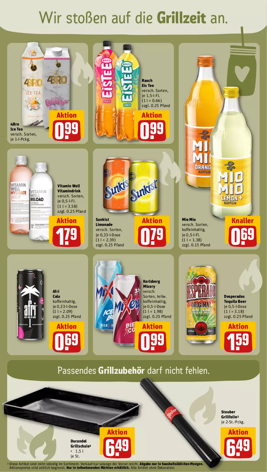 Aktueller Prospekt Rewe - Prospekte - von 10.07 bis 15.07.2023 - strona 19 - produkty: Afri Cola, aktionspreis, alle artikel ohne dekoration, cola, dekoration, desperados, drink, eis, grill, Grillzubehör, ice tea, karlsberg, karlsberg mixery, limo, limonade, Mio Mio, Mixer, mixery, Rauch, reis, Schal, Schale, tee, tequila, Ti, vita