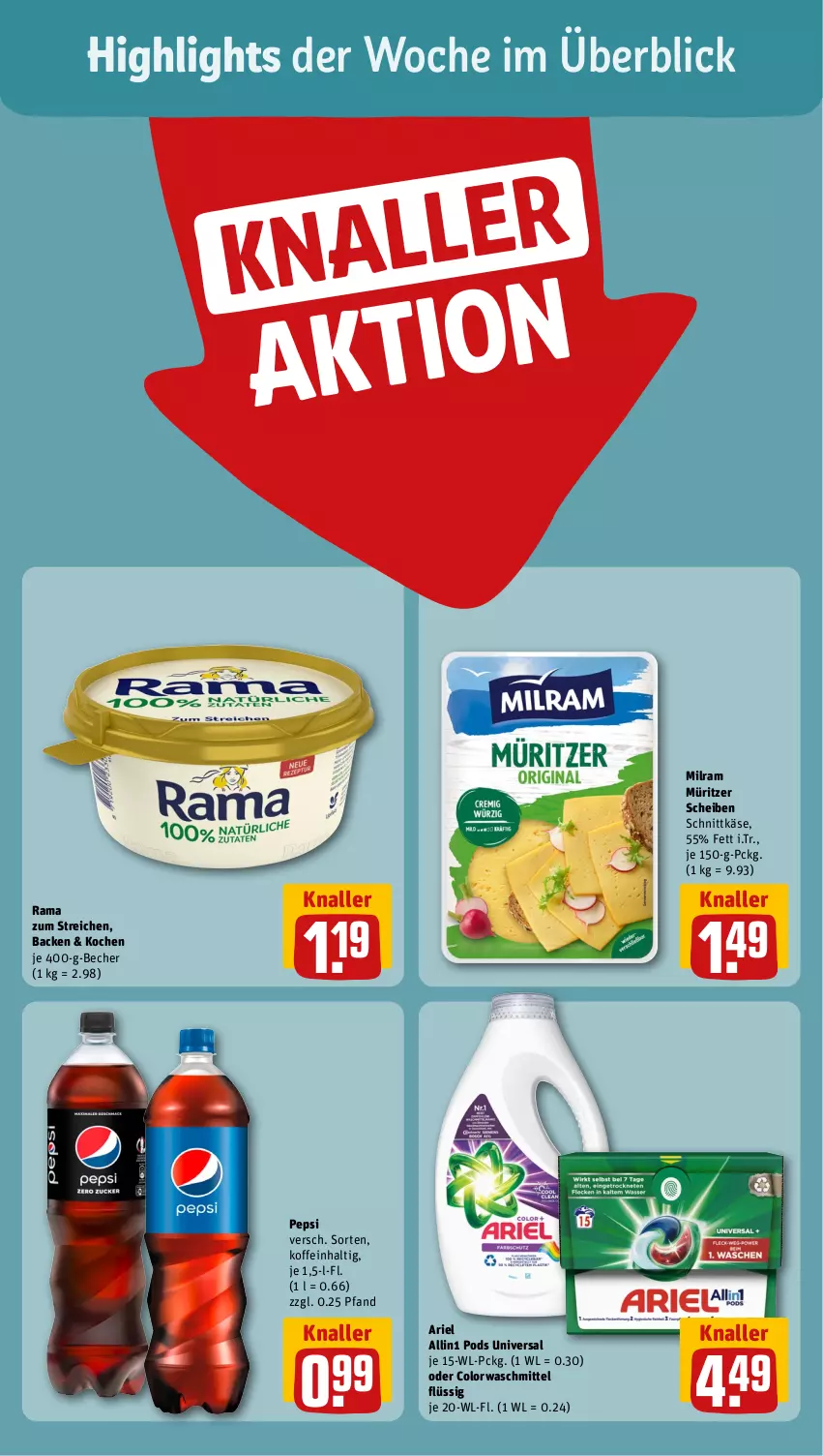 Aktueller Prospekt Rewe - Prospekte - von 10.07 bis 15.07.2023 - strona 2 - produkty: ariel, Becher, colorwaschmittel, Käse, milram, pepsi, Pods, rama, schnittkäse, Ti, waschmittel