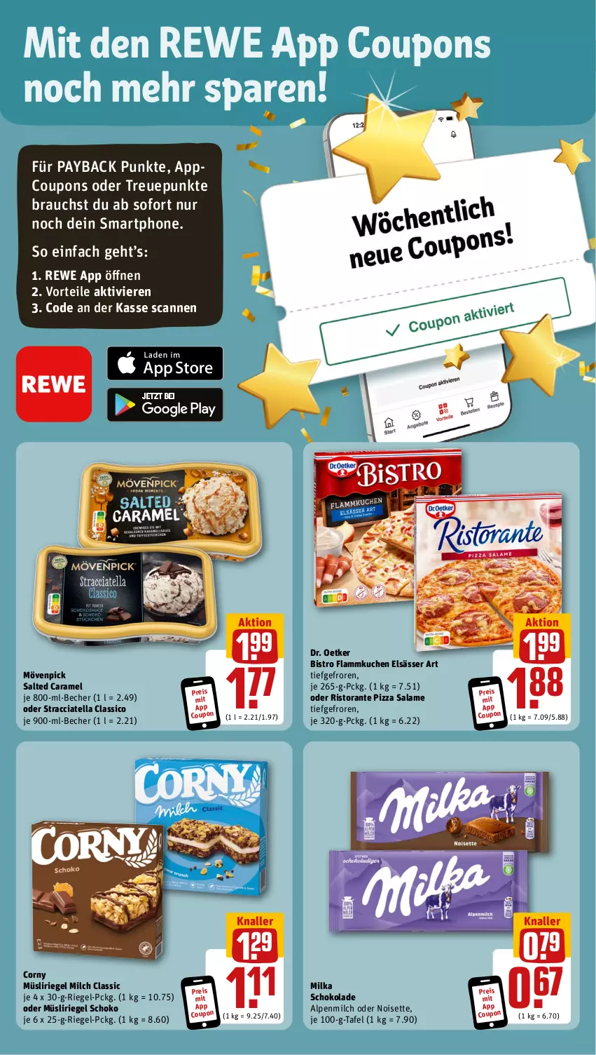 Aktueller Prospekt Rewe - Prospekte - von 10.07 bis 15.07.2023 - strona 3 - produkty: ACC, alpenmilch, Becher, caramel, classico, corny, coupon, coupons, Dr. Oetker, eis, elsässer art, flammkuchen, kuchen, lamm, milch, milka, milka schokolade, mövenpick, müsli, Müsliriegel, payback, pizza, pizza salame, Rauch, reis, riegel, ristorante, ristorante pizza, schoko, schokolade, smartphone, Ti