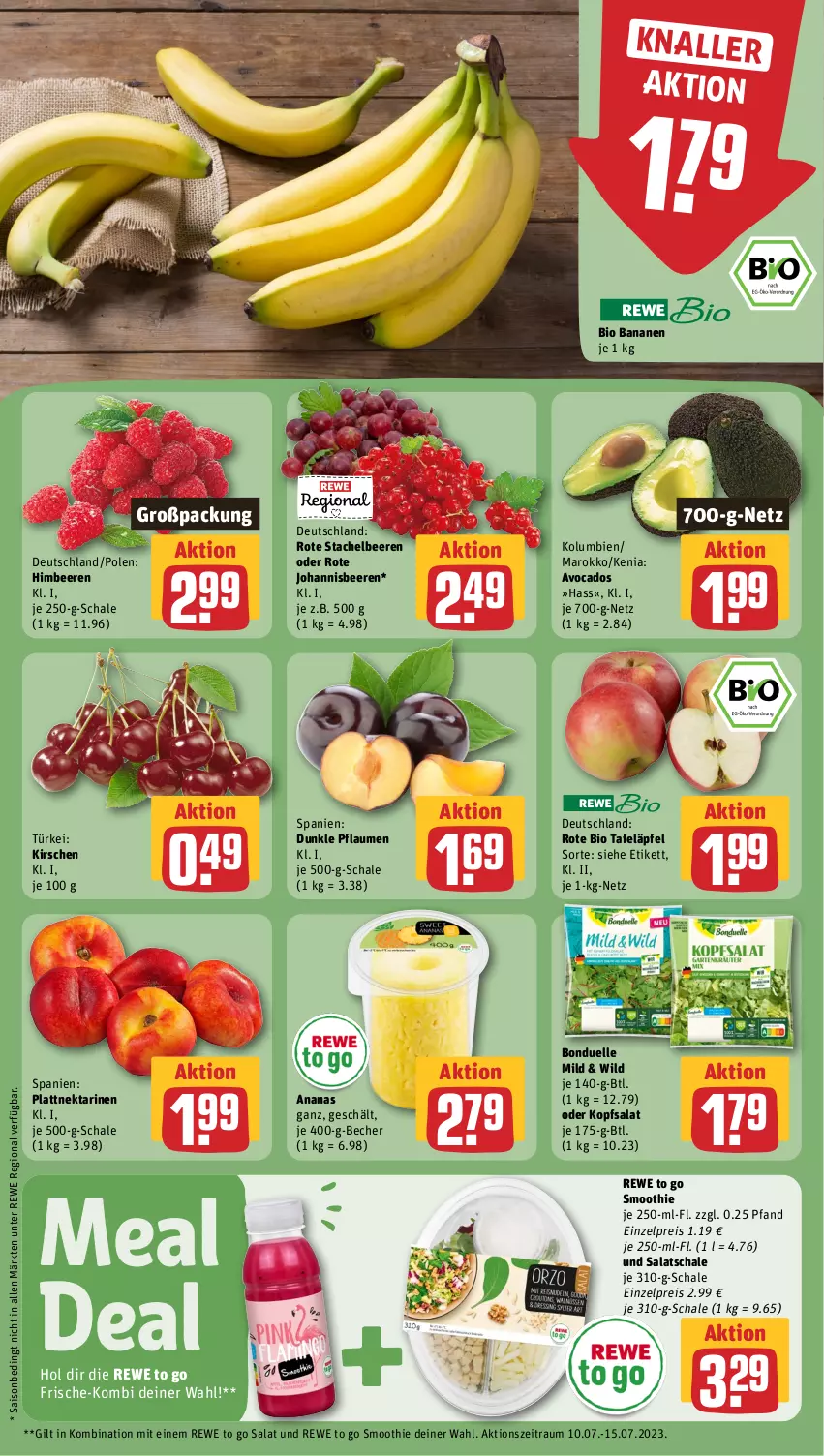 Aktueller Prospekt Rewe - Prospekte - von 10.07 bis 15.07.2023 - strona 8 - produkty: ananas, avocado, avocados, banane, bananen, Becher, beere, beeren, bio, bonduelle, eis, elle, himbeer, himbeere, himbeeren, johannisbeere, Johannisbeeren, kirsch, kirsche, kirschen, kopfsalat, Nektar, nektarinen, pflaume, pflaumen, reis, Rote Johannisbeeren, salat, Schal, Schale, smoothie, Stachelbeeren, tafeläpfel, Ti, Wild