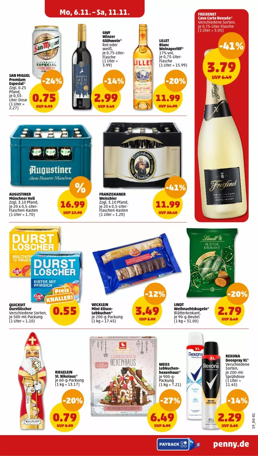 Aktueller Prospekt Penny - Prospekte - von 06.11 bis 11.11.2023 - strona 19 - produkty: aperitif, beutel, bier, deo, deospray, durstlöscher, eis, eistee, flasche, flaschen-kasten, franziskaner, Glühwein, kuchen, Kugel, Lebkuchen, lillet, lindt, payback, pfirsich, QuickVit, rexona, riegel, Sport, tee, Ti, Weihnachtskugeln, wein, weissbier, WICK