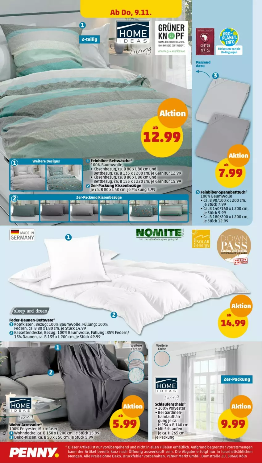 Aktueller Prospekt Penny - Prospekte - von 06.11 bis 11.11.2023 - strona 30 - produkty: ball, Bau, baumwolle, bett, decke, Gardinen, garnitur, Kassettendecke, kissen, Kissenbezug, kopfkissen, Laufen, Schal, Ti, wolle