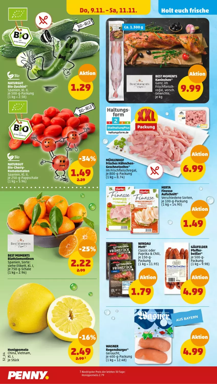 Aktueller Prospekt Penny - Prospekte - von 06.11 bis 11.11.2023 - strona 32 - produkty: aufschnitt, Blattclementinen, burger, chili, clementinen, eis, finesse, fleisch, geschnetzeltes, hahnchen, herta, honig, Honigpomelo, Mett, paprika, pfeffer, Pomelo, Rauch, regal, regensburger, reis, Schal, Schale, Ti, Zelt, ZTE