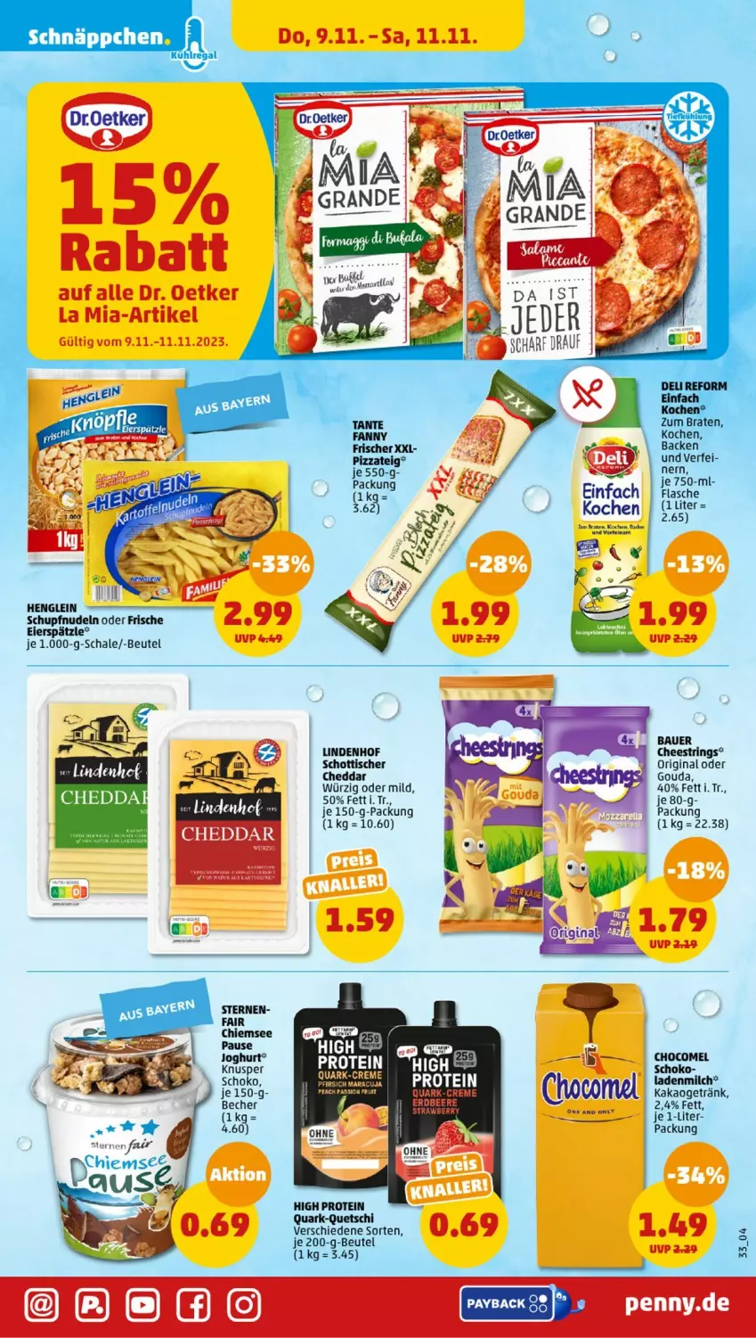 Aktueller Prospekt Penny - Prospekte - von 06.11 bis 11.11.2023 - strona 33 - produkty: auer, Bau, Bauer, Becher, beutel, braten, cheddar, Dr. Oetker, eier, eierspätzle, gin, gouda, henglein, nudel, nudeln, quark, ring, Schal, Schale, schott, String, Ti, tisch