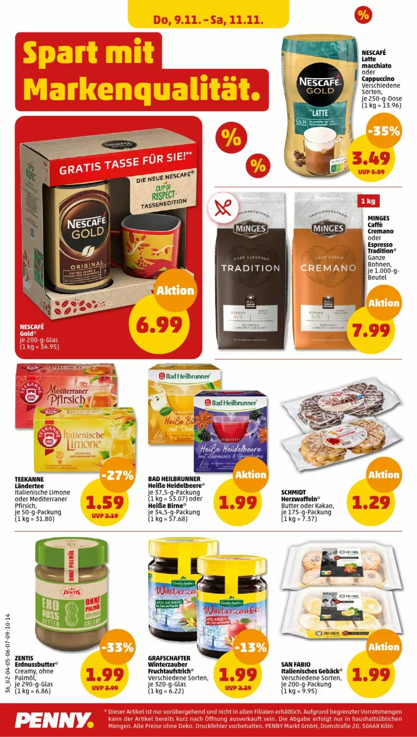 Aktueller Prospekt Penny - Prospekte - von 06.11 bis 11.11.2023 - strona 36 - produkty: aufstrich, Bad, beere, beutel, bio, bohne, bohnen, butter, caffe, Cap, cappuccino, cin, frucht, fruchtaufstrich, grafschafter, heidelbeere, kakao, Ländertee, limo, nuss, pfirsich, tee, teekanne, Ti, waffeln, zentis