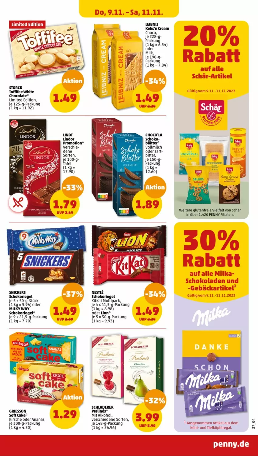 Aktueller Prospekt Penny - Prospekte - von 06.11 bis 11.11.2023 - strona 37 - produkty: alkohol, ananas, cola, eis, griesson, keks, kirsch, kirsche, kitkat, leibniz, lindt, lion, Meister, milch, milky way, riegel, Schladerer, schoko, schokoriegel, snickers, storck, Ti, toffifee, vollmilch, white chocolate