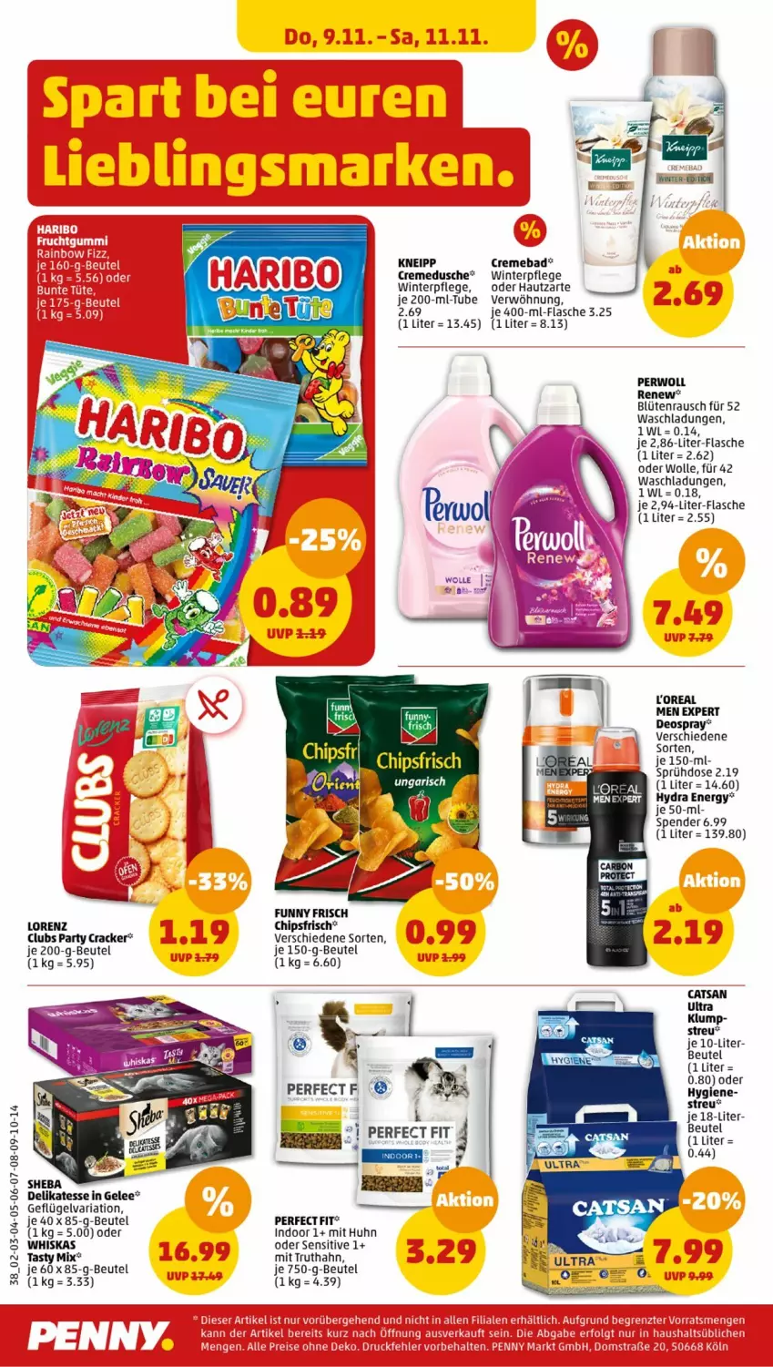 Aktueller Prospekt Penny - Prospekte - von 06.11 bis 11.11.2023 - strona 38 - produkty: Bad, beutel, Blüte, Brei, catsan, chips, chipsfrisch, cracker, creme, cremedusche, deo, deospray, dusche, flasche, Funny Frisch, Geflügel, gelee, kneipp, loreal, lorenz, Perfect Fit, perwoll, Ria, Ti, truthahn, whiskas, wolle