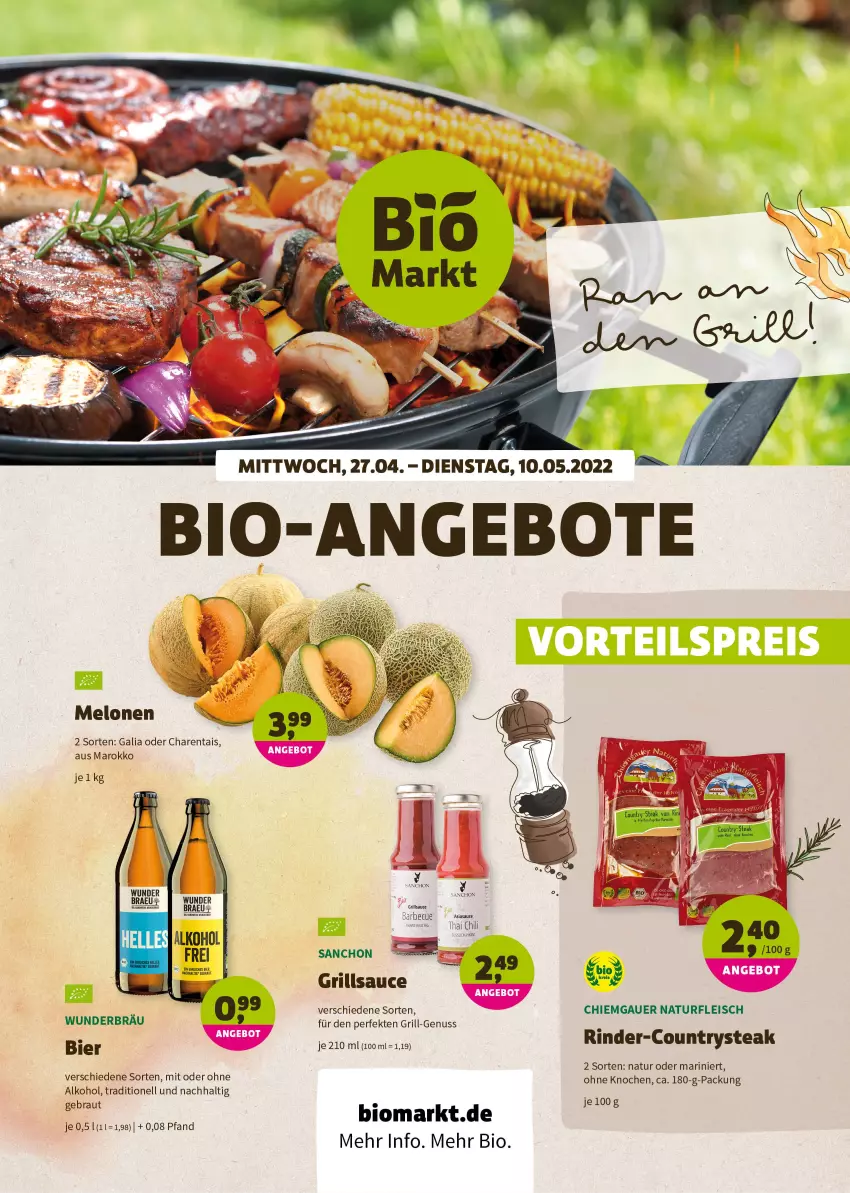 Aktueller Prospekt Denns Biomarkt - Prospekte - von 27.04 bis 10.05.2022 - strona 1 - produkty: alkohol, angebot, angebote, auer, barbecue, bier, bio, chili, eis, fleisch, grill, grillsauce, natur, nuss, ohne alkohol, rind, rinder, sauce, steak, Ti