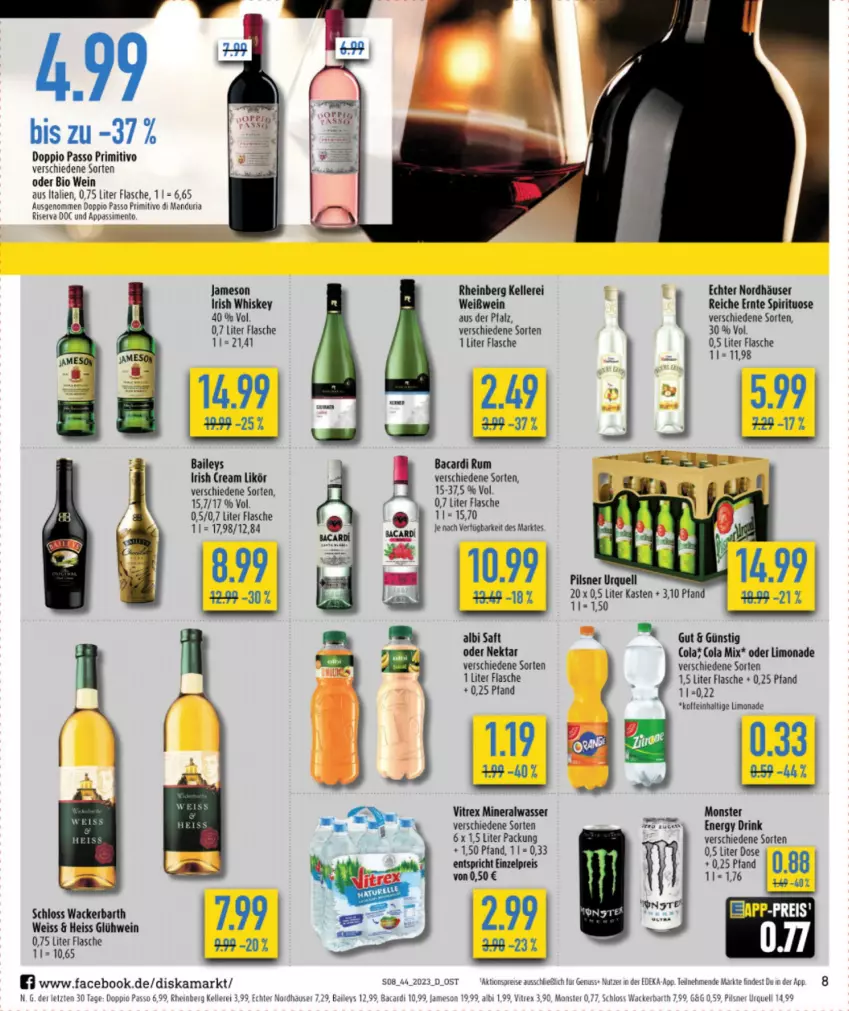 Aktueller Prospekt Diska - Prospekte - von 30.10 bis 04.11.2023 - strona 10 - produkty: aktionspreis, Alwa, bacardi, bacardi rum, baileys, ball, bio, cola, deka, doppio passo, drink, eis, elle, energy drink, flasche, Glühwein, irish cream, irish whiskey, jameson, likör, limo, limonade, mineralwasser, monster, Nektar, nuss, passo, pils, pilsner, primitivo, reis, Ria, riserva, rum, saft, sim, Ti, vitrex, wasser, wein, Weißwein, whiskey, ZTE