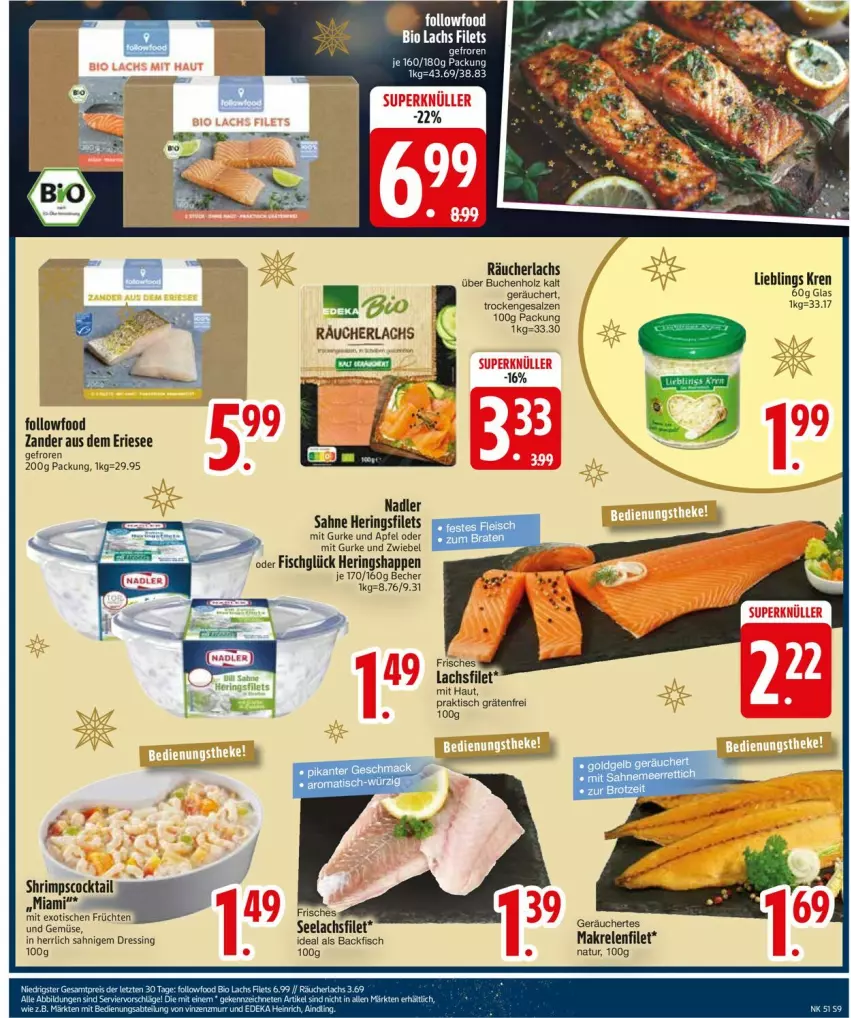 Aktueller Prospekt Edeka - Prospekte - von 16.12 bis 21.12.2024 - strona 11 - produkty: apfel, backfisch, Becher, bio, brot, buch, cocktail, dressing, filet, filets, fisch, früchte, früchten, gurke, hering, Herings, heringsfilets, Heringshappen, lachs, lachsfilet, Makrele, meerrettich, nadler, natur, Räucherlachs, rel, Rettich, ring, sahne, salz, seelachsfilet, Ti, tisch, und gemüse, Zander, zwiebel