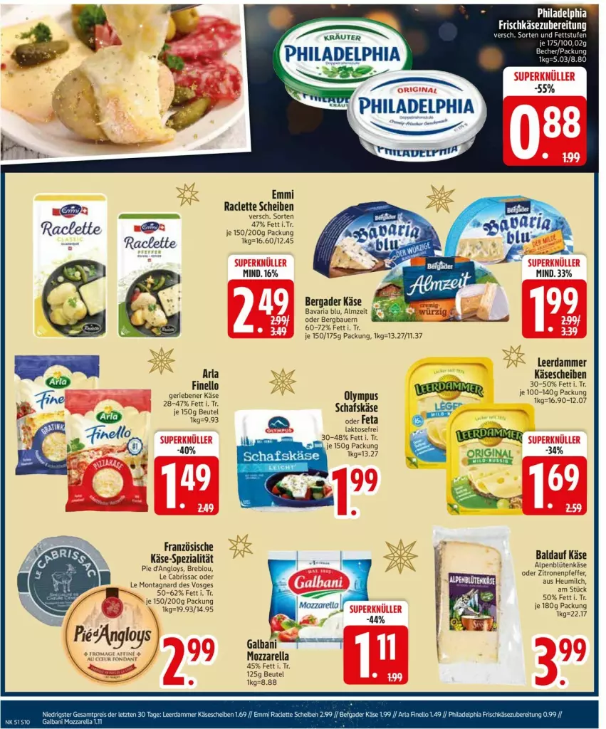 Aktueller Prospekt Edeka - Prospekte - von 16.12 bis 21.12.2024 - strona 12 - produkty: arla, auer, Bau, Bauer, bavaria blu, bergader, beutel, bio, Blüte, emmi, finello, gin, Heu, heumilch, Käse, käsescheiben, leerdammer, milch, moser, mozzarella, pfeffer, philadelphia, rel, Ria, sac, schafskäse, Spezi, zitrone, zitronen