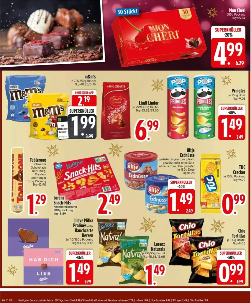 Aktueller Prospekt Edeka - Prospekte - von 16.12 bis 21.12.2024 - strona 20 - produkty: beutel, cracker, eis, erdnüsse, gewürz, honig, lindor, lindt, lorenz, mandel, mandeln, milka, Ofen, pringles, reis, ring, salz, schoko, schokolade, snack, Ti, toblerone, tortilla, tortillas, tuc, ültje, ZTE