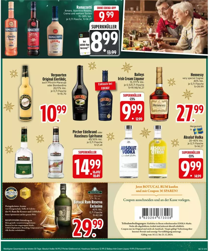 Aktueller Prospekt Edeka - Prospekte - von 16.12 bis 21.12.2024 - strona 21 - produkty: Absolut Vodka, amaro, aperitivo rosato, baileys, Brei, Cognac, coupon, deka, drink, eier, eierlikör, eis, ente, flasche, gin, haselnuss, irish cream, likör, maracuja, nuss, orange, orangen, pfirsich, pircher, rama, ramazzott, ramazzotti, reis, rosato, rum, Schal, Schale, Ti, verpoorten, vodka, zott