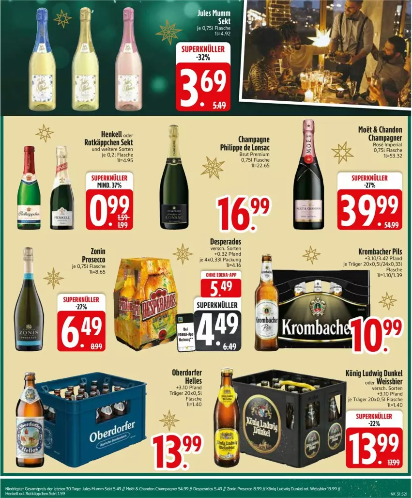 Aktueller Prospekt Edeka - Prospekte - von 16.12 bis 21.12.2024 - strona 23 - produkty: bier, brut, champagne, champagner, desperados, ecco, eis, elle, flasche, krombache, krombacher, krombacher pils, pils, prosecco, rotkäppchen, sac, sekt, weissbier, zonin