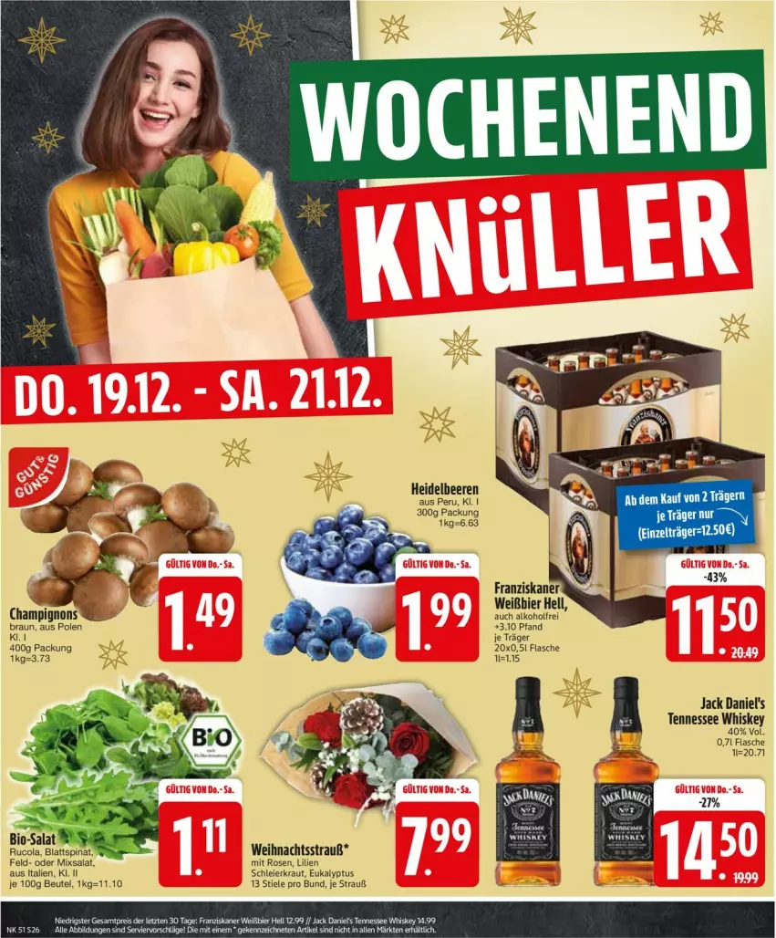 Aktueller Prospekt Edeka - Prospekte - von 16.12 bis 21.12.2024 - strona 28 - produkty: alkohol, beere, beeren, beutel, bier, blattspinat, braun, champignon, champignons, champignons braun, cola, eier, flasche, franziskaner, heidelbeere, heidelbeeren, jack daniel, jack daniel's, Kraut, rosen, rucola, salat, spinat, tennessee whiskey, Ti, whiskey, Zelt