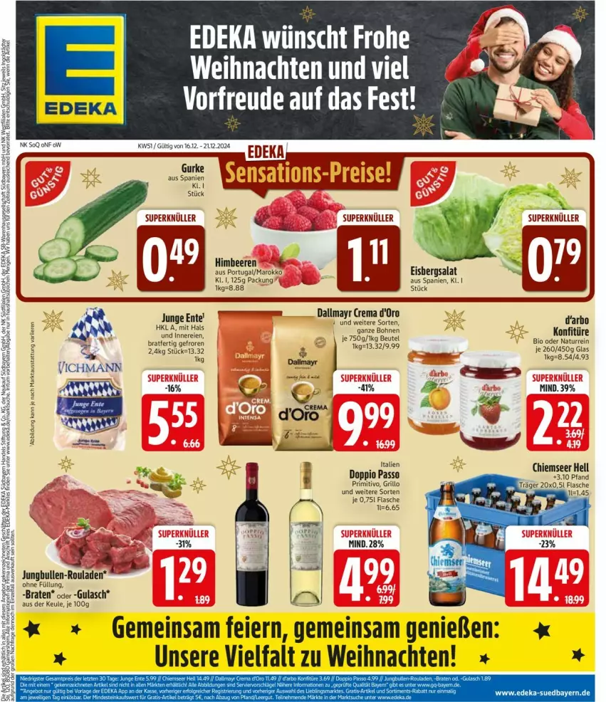 Aktueller Prospekt Edeka - Prospekte - von 16.12 bis 21.12.2024 - strona 3 - produkty: beere, beeren, beutel, bio, bohne, bohnen, braten, d'oro, dallmayr, darbo, deka, doppio passo, eier, eis, eisbergsalat, ente, flasche, grill, grillo, gulasch, gurke, himbeer, himbeere, himbeeren, jungbullen, konfitüre, natur, passo, primitivo, rouladen, salat, Ti, weihnachten