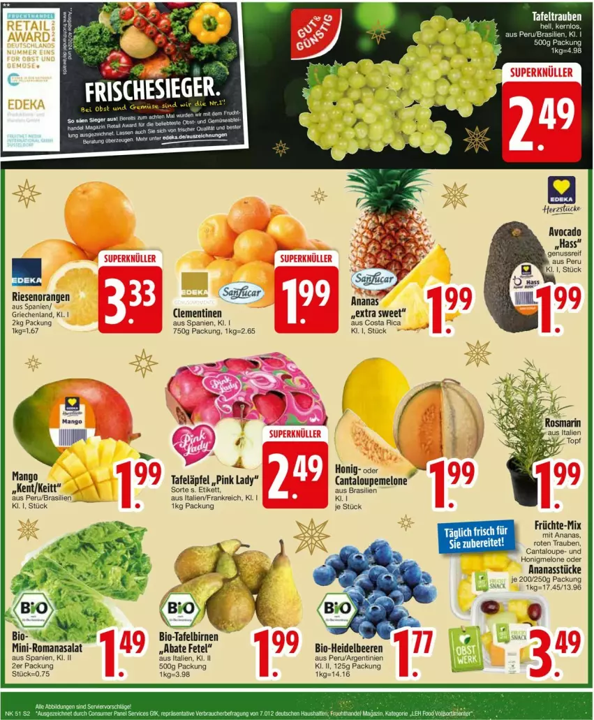 Aktueller Prospekt Edeka - Prospekte - von 16.12 bis 21.12.2024 - strona 4 - produkty: ananas, Ananasstücke, avocado, beere, beeren, bio, Birnen, clementinen, früchte, heidelbeere, heidelbeeren, honig, honigmelone, LG, mango, melone, orange, orangen, Pink Lady, Romanasalat, salat, tafeläpfel, tafelbirnen, Ti, trauben