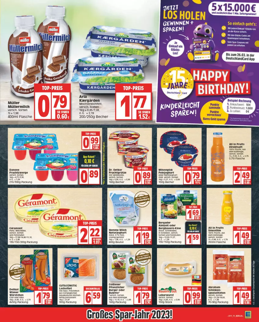 Aktueller Prospekt Edeka - Angebote der Woche - von 13.03 bis 18.03.2023 - strona 11 - produkty: aqua, arla, auer, aus dem kühlregal, Bau, Bauer, Becher, bergader, beutel, burger, coupon, coupons, danone, danone fruchtzwerge, dell, deutschlandcard, direktsaft, Dr. Oetker, eis, feinjoghurt, fisch, flasche, frischfisch, frucht, fruchtgrütze, fruchtzwerge, grütze, joghur, joghurt, joghurt mild, Käse, küche, Küchen, kühlregal, lachs, leberwurst, milch, mövenpick, Müller, müllermilch, natur, naturjoghurt, rasen, regal, reis, rwe, saft, schinken, schnittkäse, smoothie, Soße, tee, Ti, wiener, wurst, würstchen, ZTE