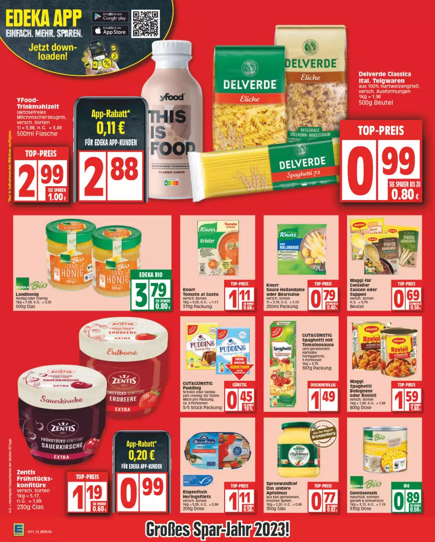 Aktueller Prospekt Edeka - Angebote der Woche - von 13.03 bis 18.03.2023 - strona 12 - produkty: apfel, apfelmus, auer, beutel, bio, bolognese, deka, fisch, gemüsemais, hartkäse, hering, Herings, honig, Käse, kirsch, kirsche, knorr, maggi, mais, mam, milch, natur, pudding, ravioli, rel, ring, rügenfisch, sauce, saucen, schoko, spaghetti, spreewaldhof, suppe, suppen, Ti, tomate, tomaten, tomatensauce, tomato al gusto