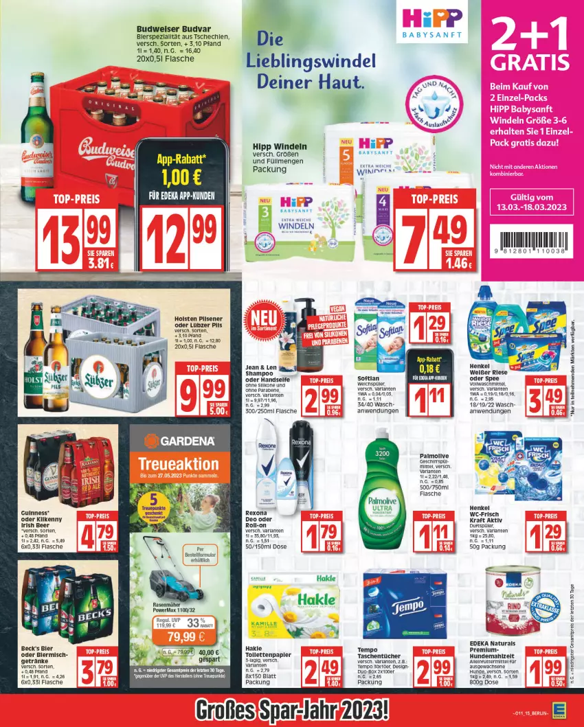 Aktueller Prospekt Edeka - Angebote der Woche - von 13.03 bis 18.03.2023 - strona 15 - produkty: alleinfuttermittel, arla, aust, beck's, bier, budweiser, deka, deo, eis, elle, flasche, geschirr, getränk, getränke, gsw, Guinness, hakle, Handseife, henkel, hipp, holsten, Kamill, kamille, Kilkenny, kraft, LG, Lübzer, natur, natura, olive, palmolive, pils, rasen, rasenmäher, reis, rexona, roll-on, Seife, shampoo, Softlan, spee, Tasche, taschen, taschentücher, teller, Tempo, Ti, tücher, vollwaschmittel, waschmittel, windeln, ZTE