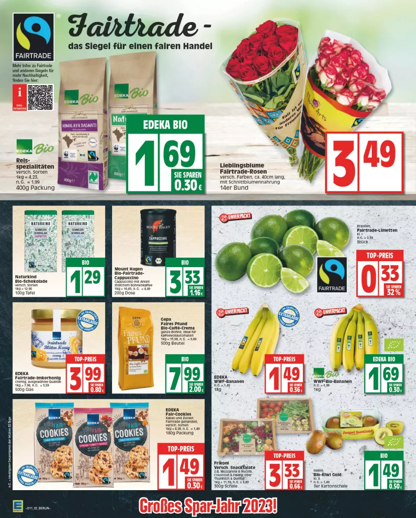 Aktueller Prospekt Edeka - Angebote der Woche - von 13.03 bis 18.03.2023 - strona 2 - produkty: auto, banane, bananen, beutel, bio, bio-bananen, blume, blumen, bohne, bohnen, bohnenkaffee, Cap, cappuccino, cin, cola, cookie, cookies, couscous, deka, eis, fisch, honig, kaffee, kaffeevollautomat, kaffeevollautomaten, kakao, kiwi, Kiwi Gold, limette, limetten, Mett, metten, mozzarella, natur, reis, rel, rosen, rucola, Schal, Schale, schoko, schokolade, snack, Spezi, thunfisch, Ti, tomate, tomaten, vollautomaten, Yo, ZTE, zucker