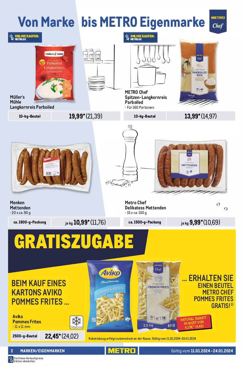 Aktueller Prospekt Metro - GastroJournal - von 11.01 bis 24.01.2024 - strona 2 - produkty: aperol, auto, Bau, beutel, cola, eis, elle, flasche, getränk, getränke, korn, kuchen, Langkornreis, LG, Metro, Mett, metten, Mettenden, Müller, natur, natura, Palette, pommes, Pommes Frites, preisvorteil, reis, schoko, schokolade, schokoladen, spitzen-langkorn, Ti, tisch, top-preis