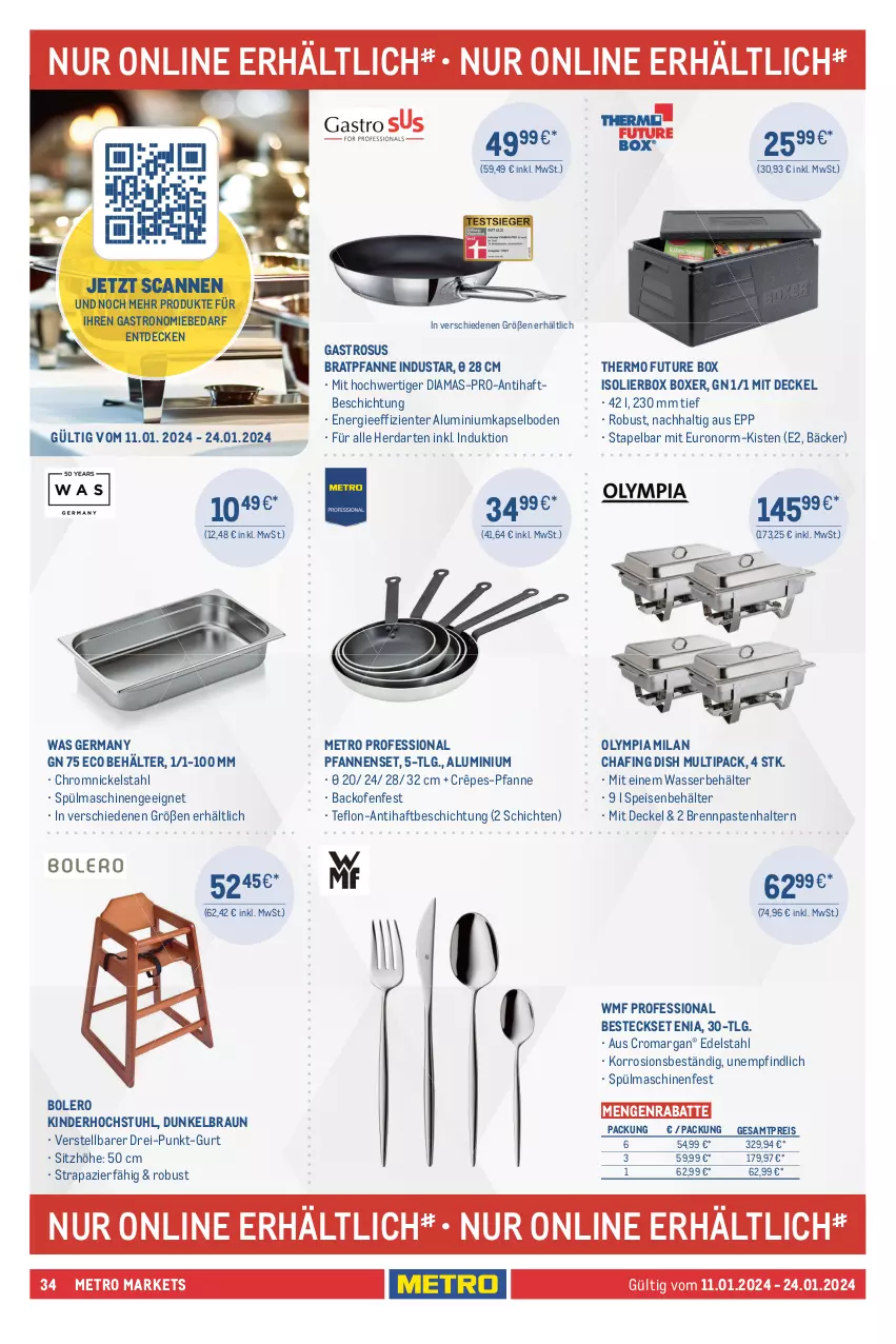 Aktueller Prospekt Metro - GastroJournal - von 11.01 bis 24.01.2024 - strona 34 - produkty: Abba, Alwa, angebot, angebote, auer, backofen, Bau, Behälter, besteck, bestecke, besteckset, bio, bratpfanne, braun, Brennpaste, decke, Deckel, Draht, edelstahl, eis, elle, ente, fritteuse, gabel, Germ, geschirr, geschirrspüler, getränk, getränke, getränkespender, herdarten, Holz, kerze, Kinder, korb, lebensmittel, LG, messer, Metro, ndk, Ofen, pfanne, pfannen, Rauch, regal, reis, Ria, Schal, Schale, Sitzhöhe, spülmaschinen, stuhl, teller, Ti, toast, toaster, wasser, WMF