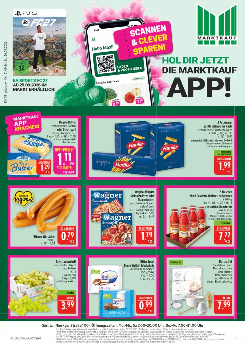 Aktueller Prospekt Marktkauf - Prospekt - von 20.09 bis 26.09.2026 - strona 1 - produkty: bambus, barilla, basilikum, Becher, butter, edelstahl, eis, flammkuchen, flasche, gin, italienische pasta, kuchen, lamm, Löffel, Mutti, Ofen, original wagner, pasta, pizza, reis, ritter, ritter sport, Schal, Schale, schoko, schokolade, Sport, steinofen, steinofen pizza, tafeltrauben, tee, Ti, tomate, tomaten, trauben, uhr, usb, wagner, wiener, wiener würstchen, würstchen