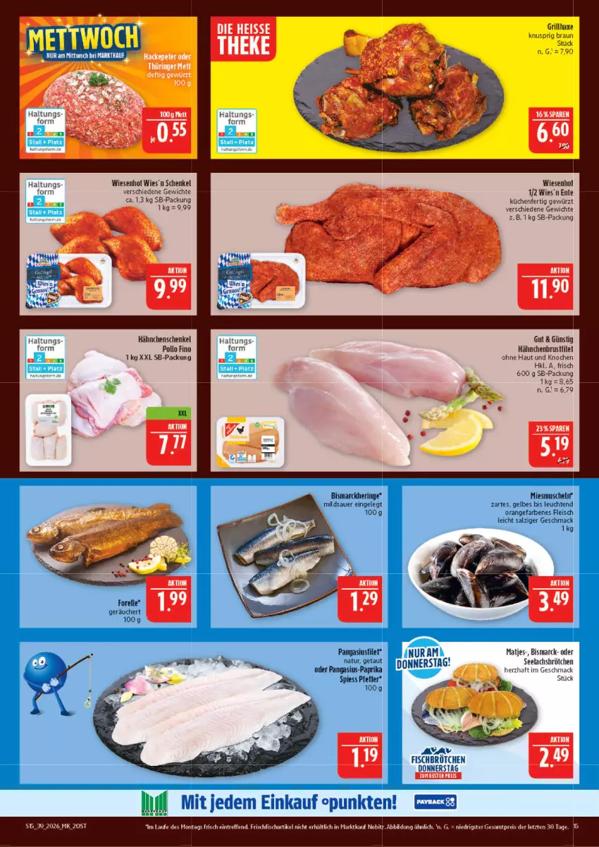 Aktueller Prospekt Marktkauf - Prospekt - von 20.09 bis 26.09.2026 - strona 15 - produkty: auer, axe, bismarck, braun, brot, eis, elle, ente, filet, fisch, fleisch, forelle, frischfisch, gewürz, grill, grillhaxe, hähnchenschenkel, Haxe, henkel, hering, küche, Küchen, lachs, Leuchte, leuchten, mac, matjes, Muscheln, orange, Pangasius, paprika, pfeffer, Pollo Fino, reis, rel, ring, salz, schenkel, Ti, wiesenhof, ZTE
