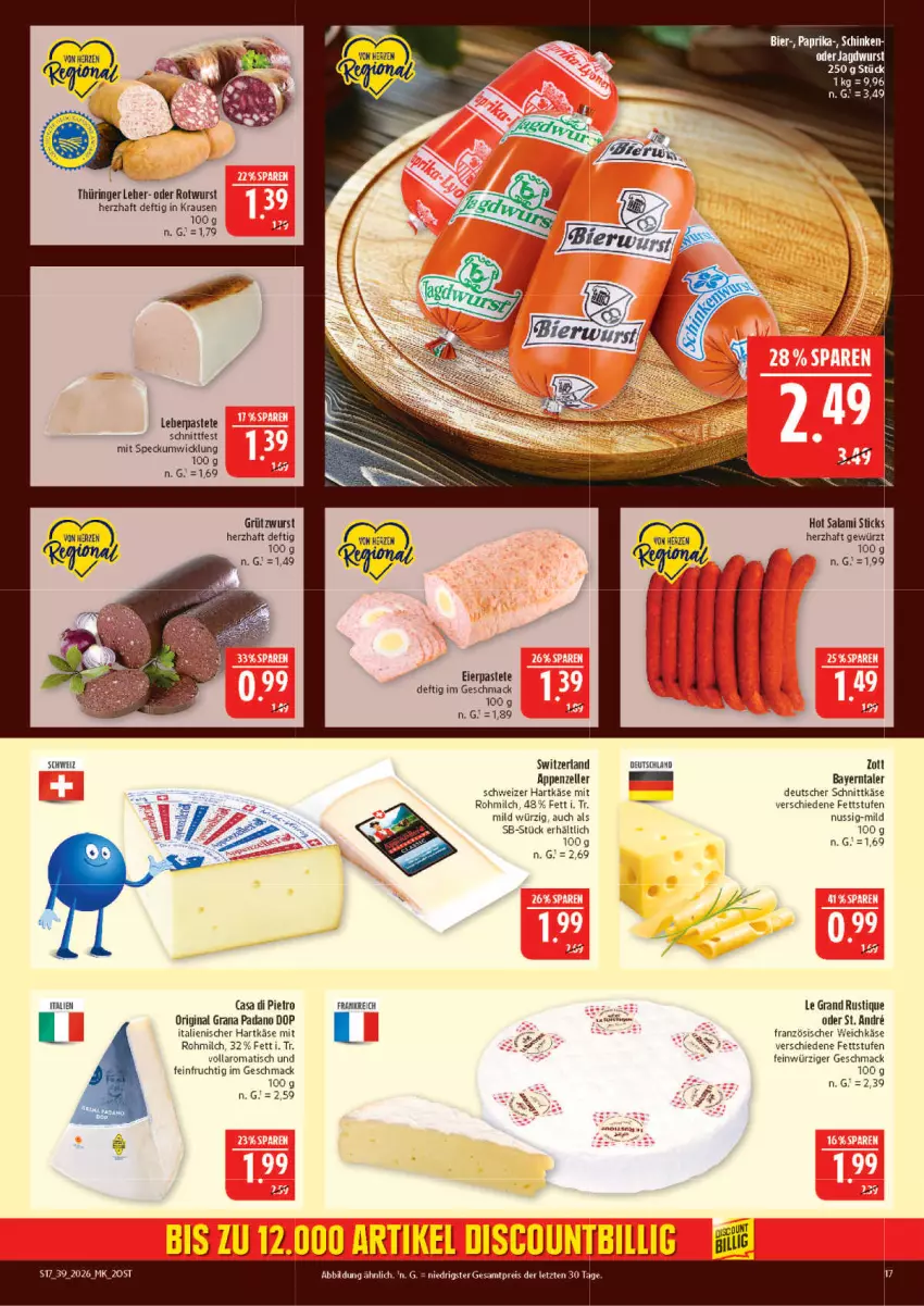 Aktueller Prospekt Marktkauf - Prospekt - von 20.09 bis 26.09.2026 - strona 17 - produkty: appenzeller, deutscher schnittkäse, eier, eis, elle, französischer weichkäse, frucht, gewürz, gin, grana, grana padano, hartkäse, italienischer hartkäse, Käse, mac, milch, nuss, padano, pastete, Rana, reis, ring, Rotwurst, salami, schnittkäse, schweizer hartkäse, Speck, Ti, tisch, weichkäse, WICK, wurst, zott, ZTE